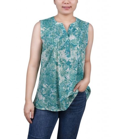 Petite Sleeveless Printed Pintucked Blouse Lapis Tiedyepais $12.71 Tops