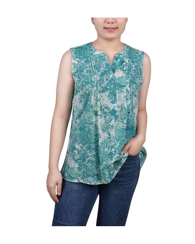 Petite Sleeveless Printed Pintucked Blouse Lapis Tiedyepais $12.71 Tops