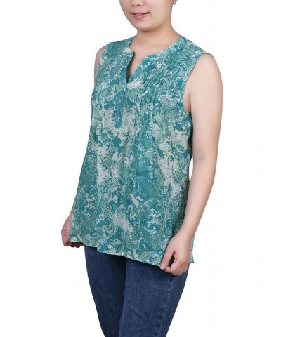 Petite Sleeveless Printed Pintucked Blouse Lapis Tiedyepais $12.71 Tops