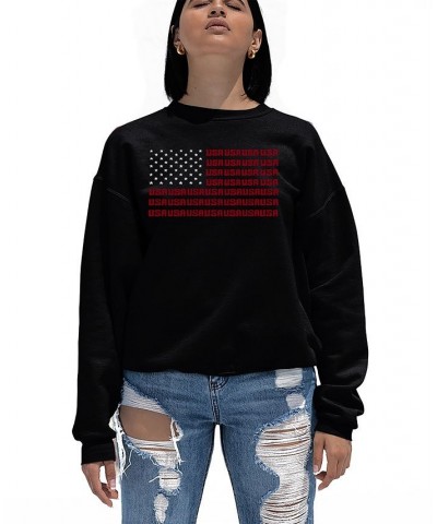 Women's Crewneck Word Art USA Flag Sweatshirt Top Black $20.50 Tops