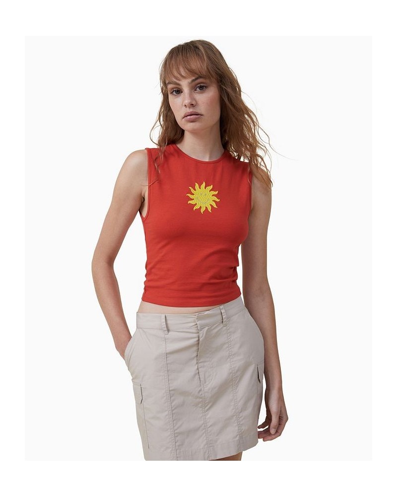 Women's Smiley 90s Graphic Tank Top Sm Smiley Sun, Aurora Red $15.40 Tops