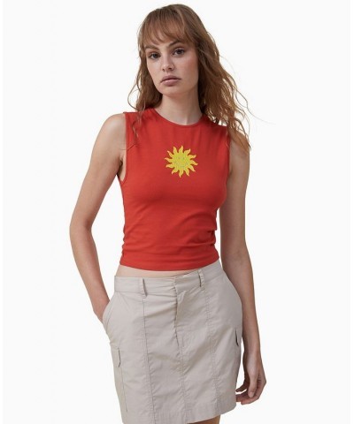 Women's Smiley 90s Graphic Tank Top Sm Smiley Sun, Aurora Red $15.40 Tops